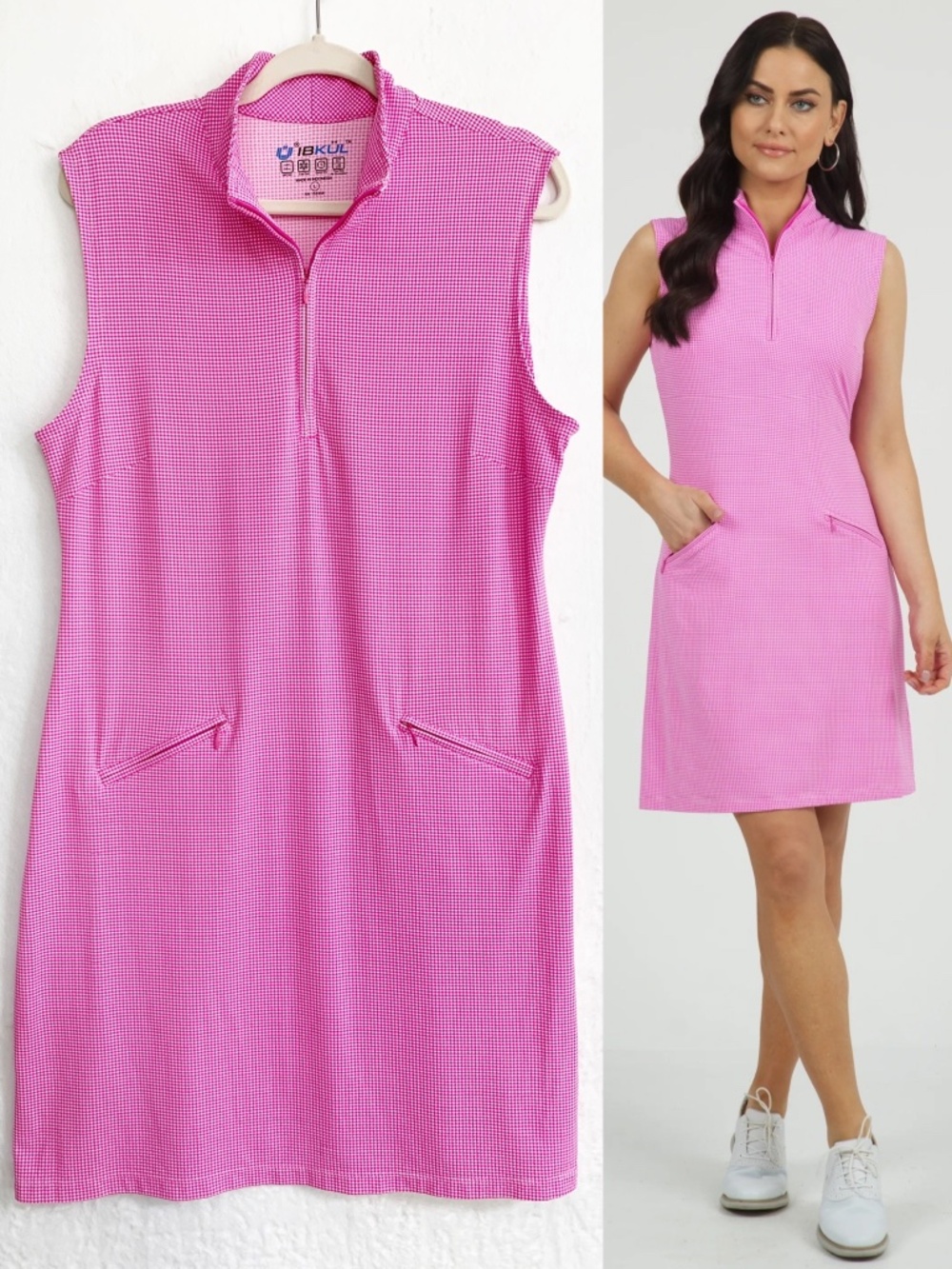 Ibkul Sleeveless Mock Neck Mini Check Dress Hot Pink Sz L
